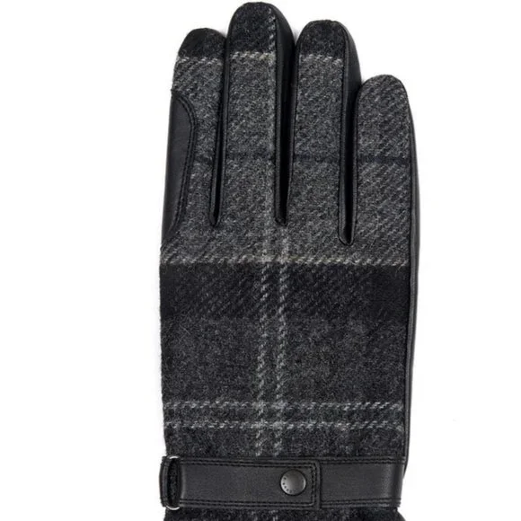 Barbour Men's NEWBROUGH TARTAN Leather Gloves MSRP$100 Bla/Grey Woven In England